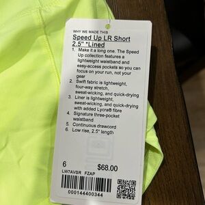 Lulu lemon yellow/lime size 6. Speed up LR Short 2.5” lined. NWT